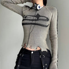 Womens Long Sleeve Ripped Stitched Y2K Top
