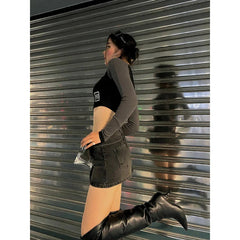 Y2K Acubi Denim Dark Mini Skirt