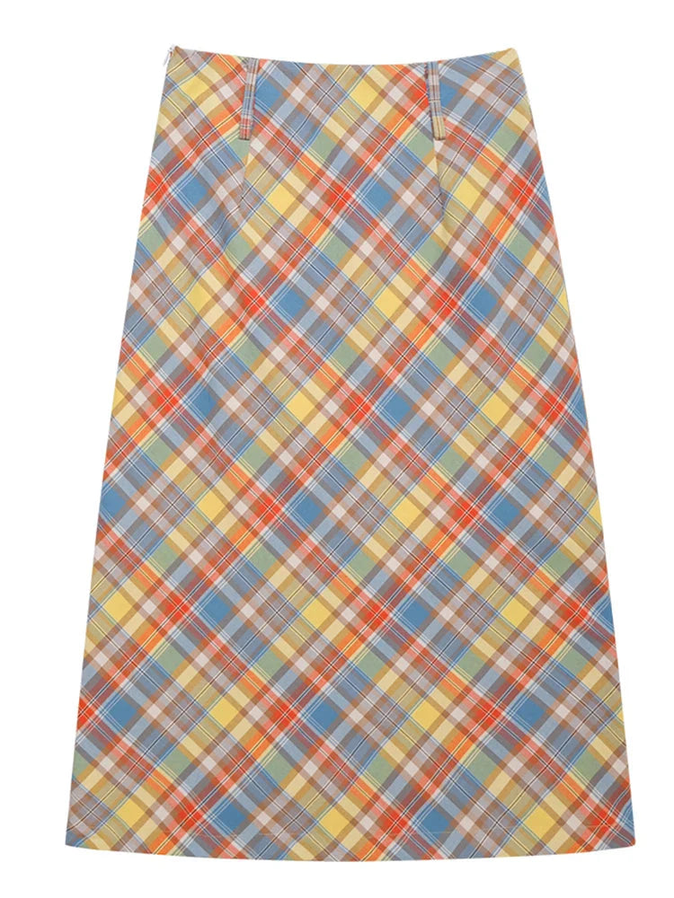 Y2K Candy Colour Plaid Straight Flowy Midi Skirt