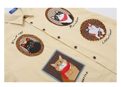 Y2K Cat Patch Embroidered Short Sleeve Work Shirt