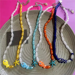 Y2K Ceramic Fish Pendant Beaded Choker Necklace