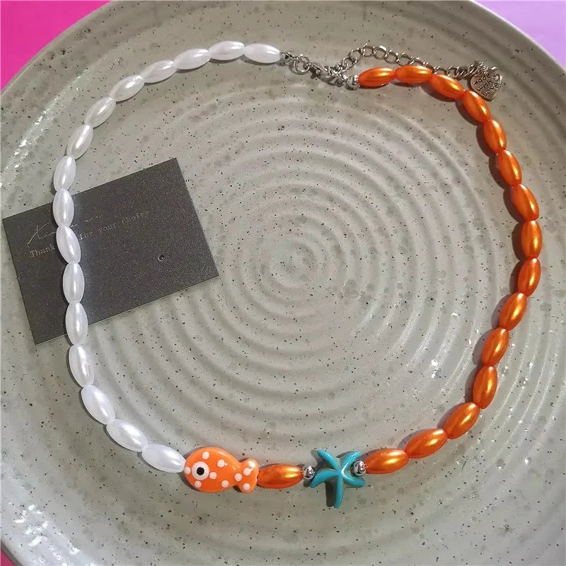 Y2K Ceramic Fish Pendant Beaded Choker Necklace
