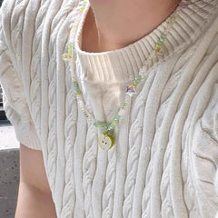 Y2K Ceramic Green Apple Pendant Bead Choker Necklace
