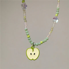 Y2K Ceramic Green Apple Pendant Bead Choker Necklace