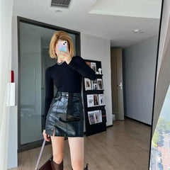Y2K Crocodile Print Faux Leather Split Mini Skirt