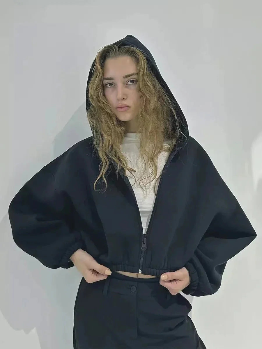 Y2K Cropped Full Zip Up Hoodie
