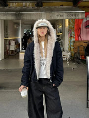 Y2K Faux Fur Outlined Hooded Zip Up Jacket Coat