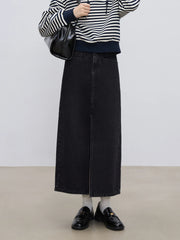 Y2K High Waist Black Denim A-line Split Maxi Skirt