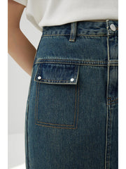 Y2K High Waist Washed Denim Midi Skirt