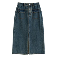 Y2K High Waist Washed Denim Midi Skirt