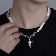 Y2K Imitation Pearl Cross Pendant Necklace