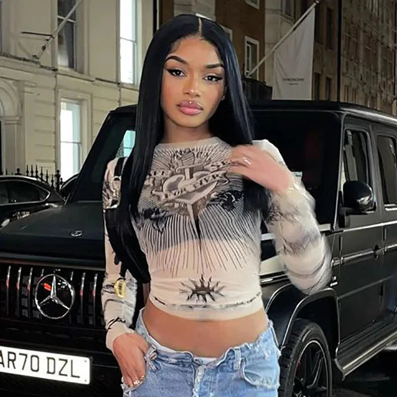 Y2K Life Advice Long Sleeve Mesh Top