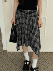 Y2K Loose Irregular Flowy Grey Plaid Midi Skirt