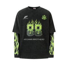 Y2K Mock Layered Flame Graphic Long Sleeve Top
