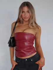 Y2K PU Leather Shiny Strapless Bandeau Tube Top