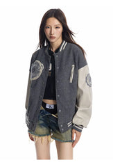 Y2K  PU Leather Sleeve Embroidered Varsity Jacket