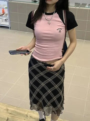 Y2K Plaid High Waist Midi Skirt