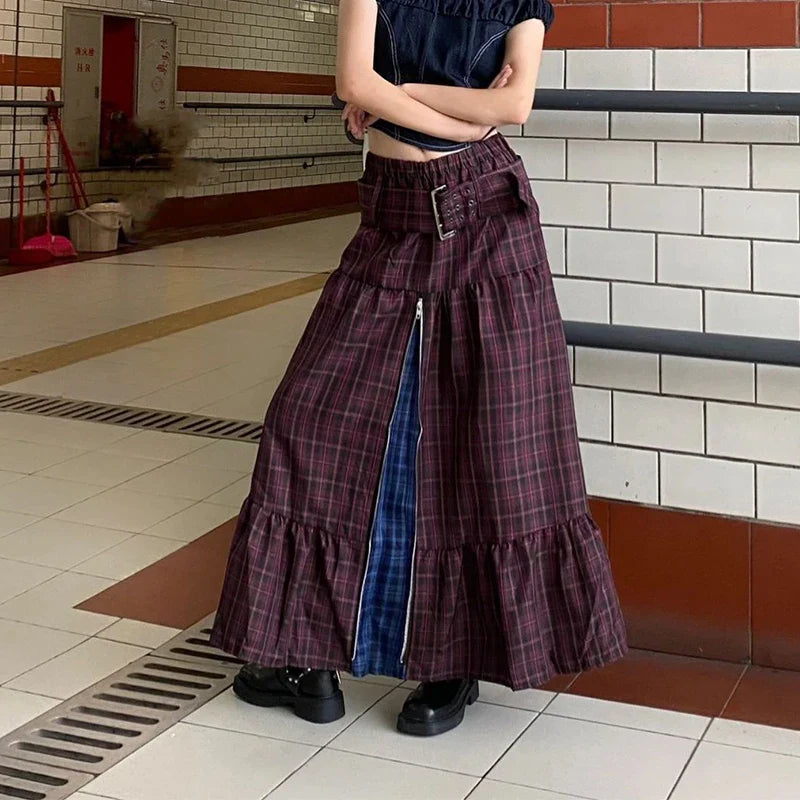 Y2K Plaid Patchwork Maxi Skirt