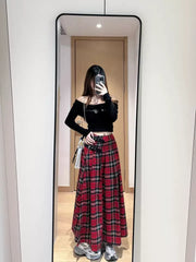 Y2K Retro French Red Plaid A-Line Maxi