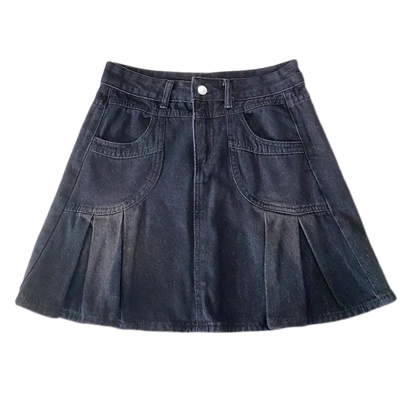 Y2K Side Pleated Grunge Denim Mini Skirt