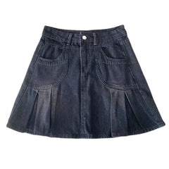 Y2K Side Pleated Grunge Denim Mini Skirt