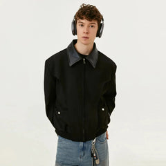 Y2K Spliced Polo Collar Black Full Zip Up Jacket