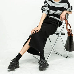 Y2K Split High Waist Denim Midi Skirt