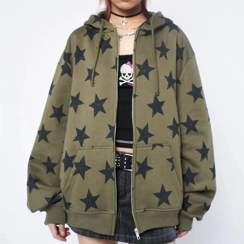 Y2K Star Collage Print Full Zip Up Hoodie
