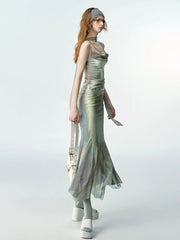 Y2K Tie Dye Mesh Ruched Bodycon Dress