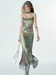 Y2K Tie Dye Mesh Ruched Bodycon Dress