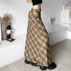 Y2K Vintage Aesthetic Plaid High Waist Maxi Skirt