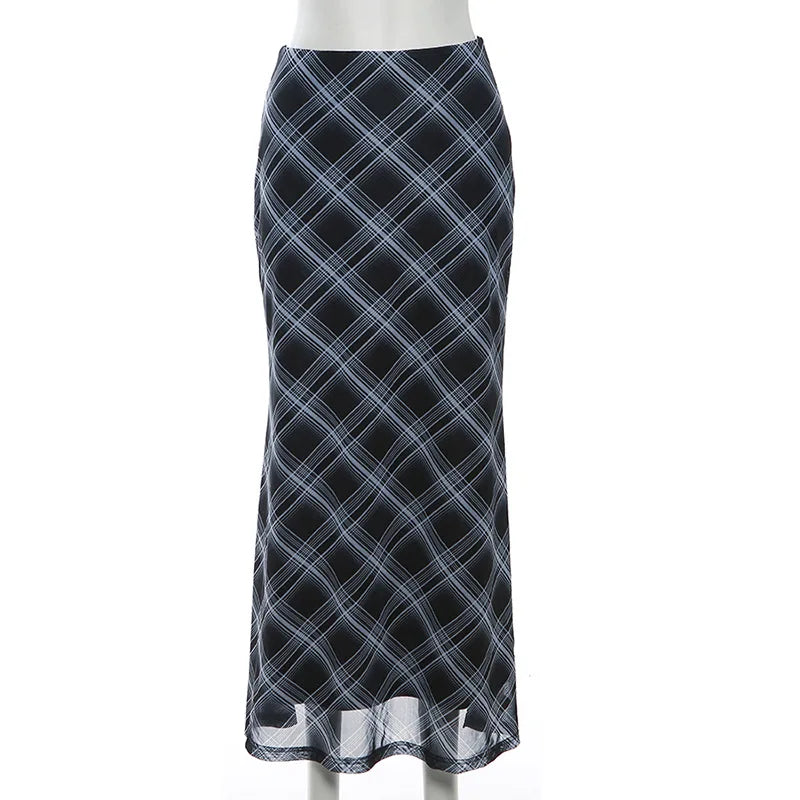 Y2K Vintage Aesthetic Plaid High Waist Maxi Skirt