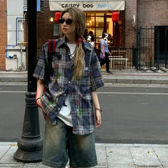 Y2K Vintage Blue Short Sleeve Plaid Flannel Button Up Shirt
