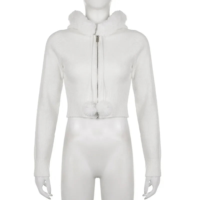 Y2K White Plush Crop Zip Up Hoodie