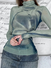 Y2K Womens Long Sleeve Turtle Neck Graphic Top