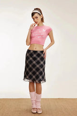 Y2K Womens Plaid Lettuce-Edge Mesh Mini Skirt