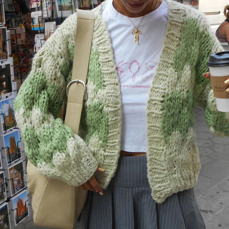 Y2K Womens Striped Lantern Sleeves Cardigan