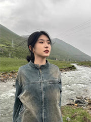 Y2K Womens Zip Up Washed Denim Jacket