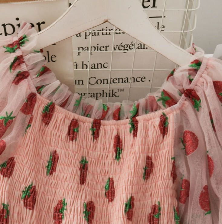 Chiffon Strawberry Puff Sleeve Dress