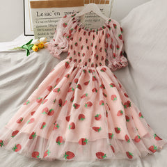 Chiffon Strawberry Puff Sleeve Dress