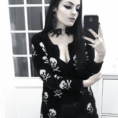 Fuzzy Bones' Black and White Fluffy Skull Goth Emo Cardigan