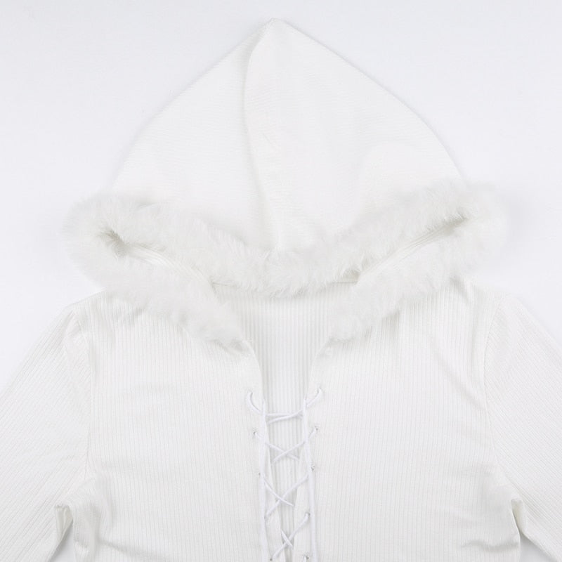 Lace Up Fur Hooded Cardigan