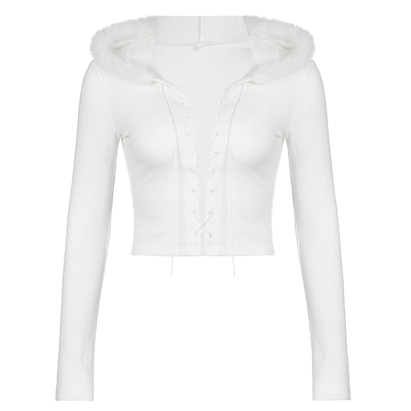 Lace Up Fur Hooded Cardigan