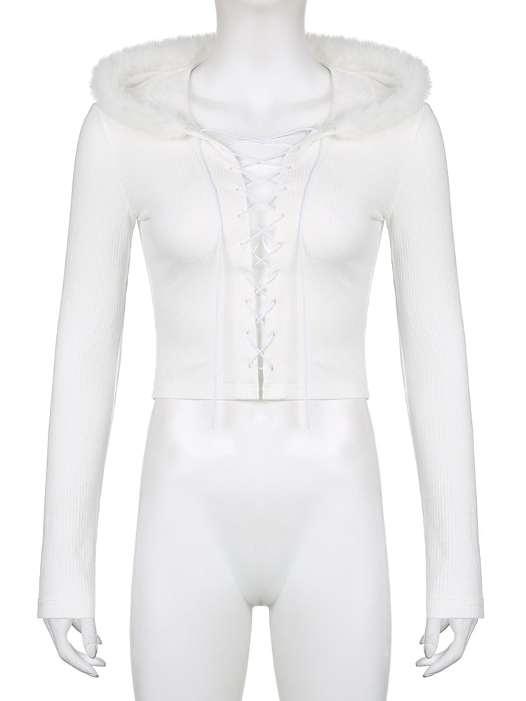 Lace Up Fur Hooded Cardigan