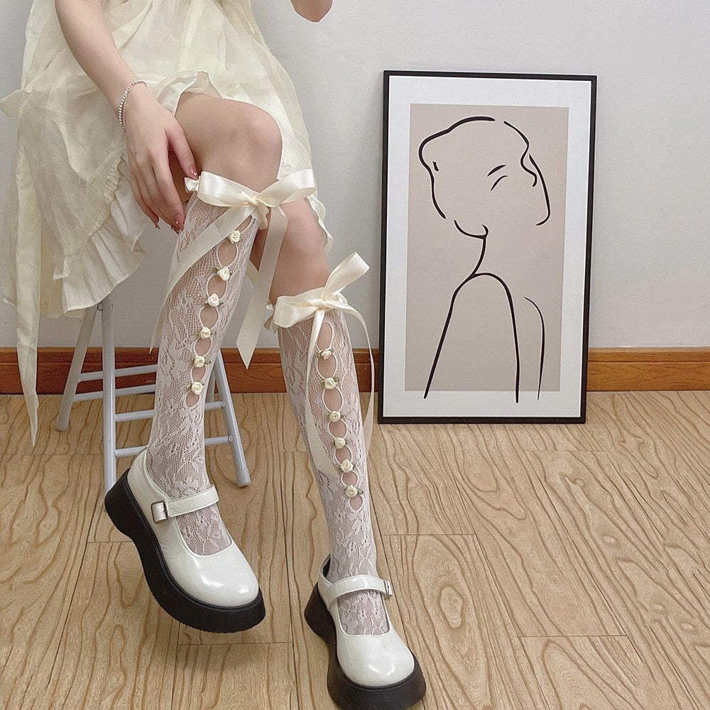 Lace Ribbon & Rosebud Stockings