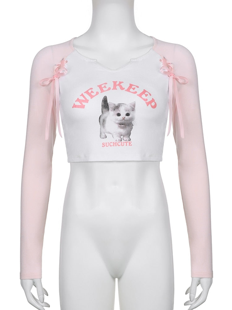 Pink Kitten Long Sleeve Crop Top