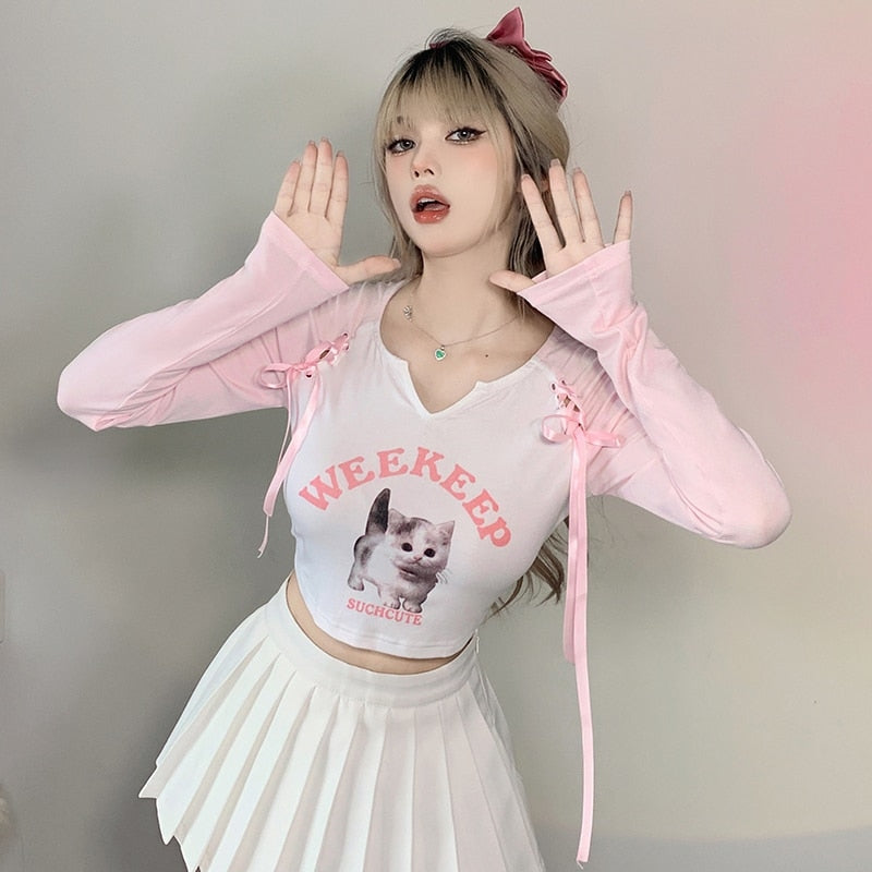 Pink Kitten Long Sleeve Crop Top