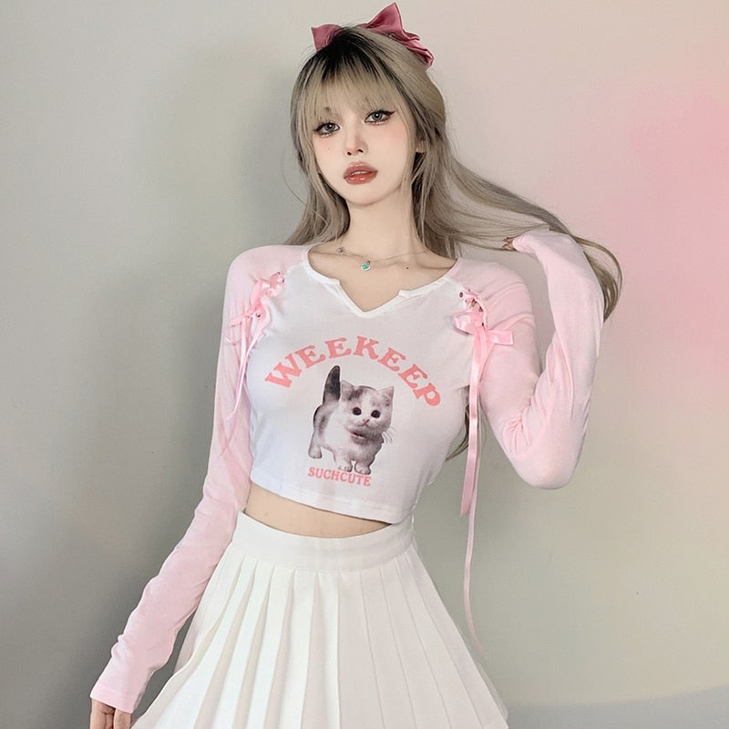 Pink Kitten Long Sleeve Crop Top