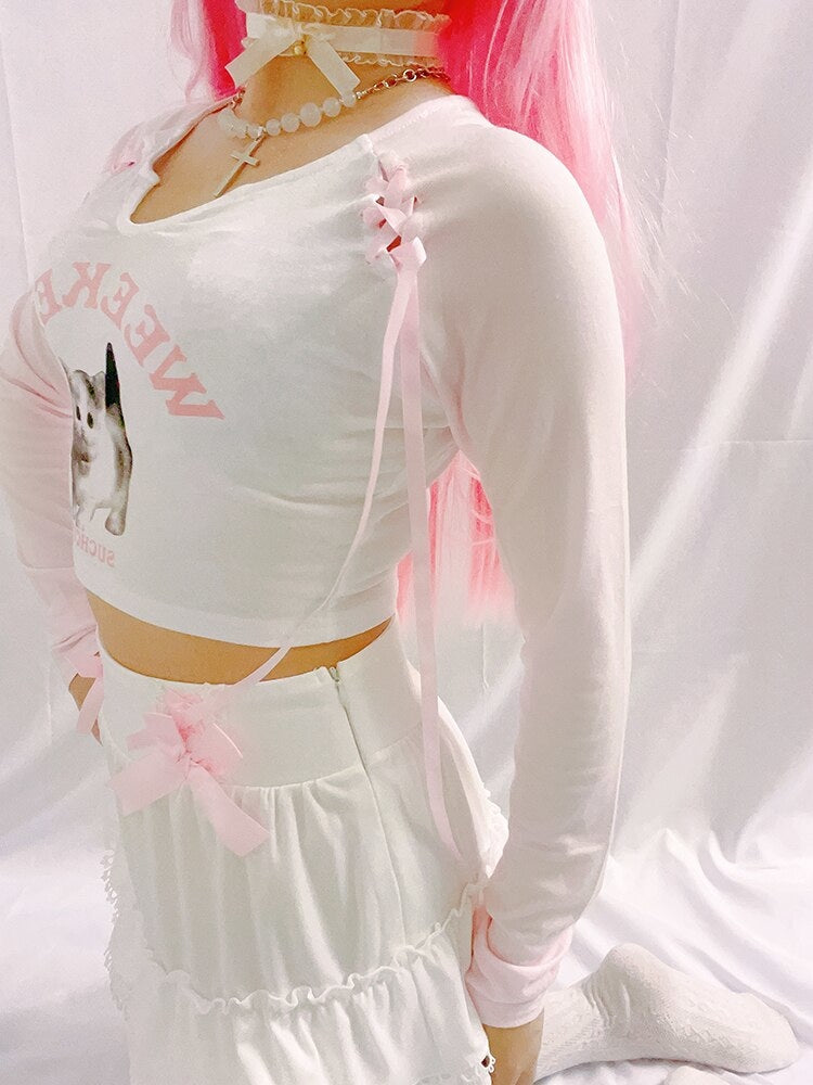 Pink Kitten Long Sleeve Crop Top