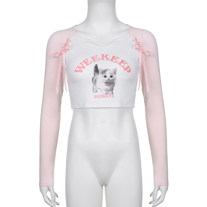Pink Kitten Long Sleeve Crop Top
